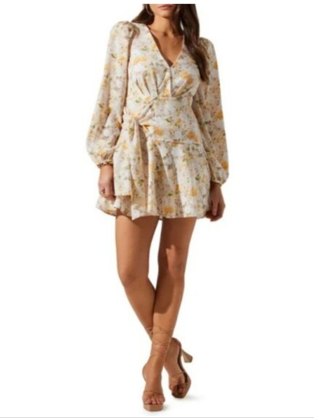 Astr Floral Long Sleeve Wrap Dress in Cream and Yellow
